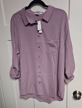 Plus Size Long Sleeve Button-Up Shirt in Lavender